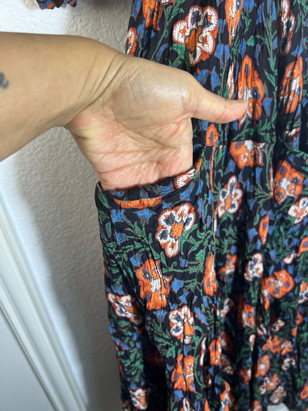 Passementrie Floral Tiered Midi Dress Boho Peasant Black Orange XS - Picture 10 of 12